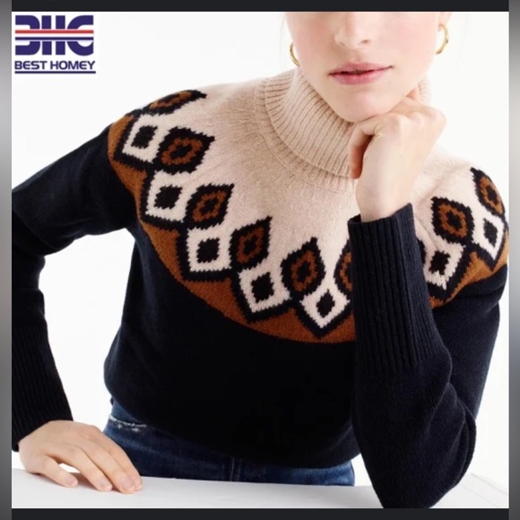 J Crew merino wool fair isle navy blue sweater turtleneck - Picture 2 of 4
